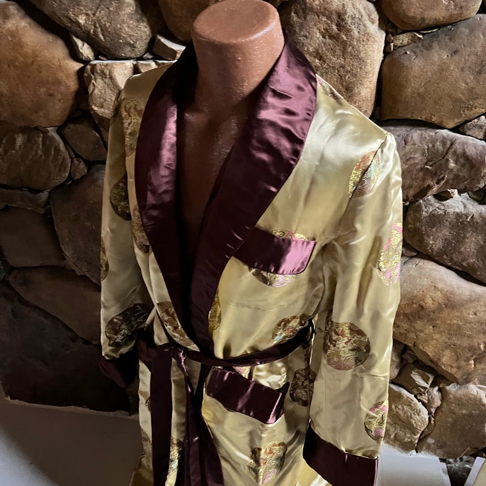 Chinese Vintage Men's Oriental Embroidered Jacquard Robe Smoking Jacket - Picture 5 of 14
